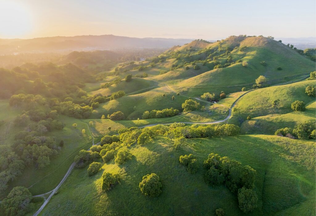 Green rolling California hills at sunset, verify GEHA benefits with Voyager Recovery Center